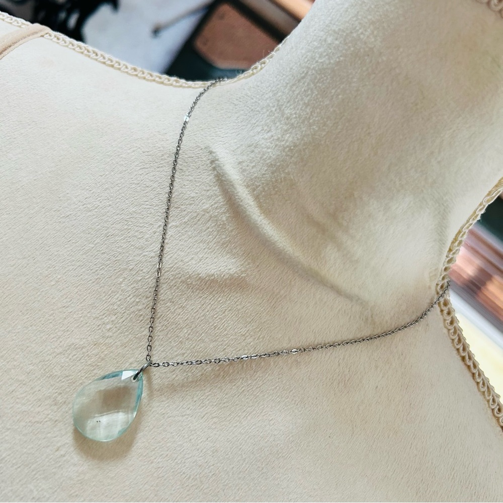 Handcrafted repurpose aquamarine teardrop vintage pendant on chain necklace